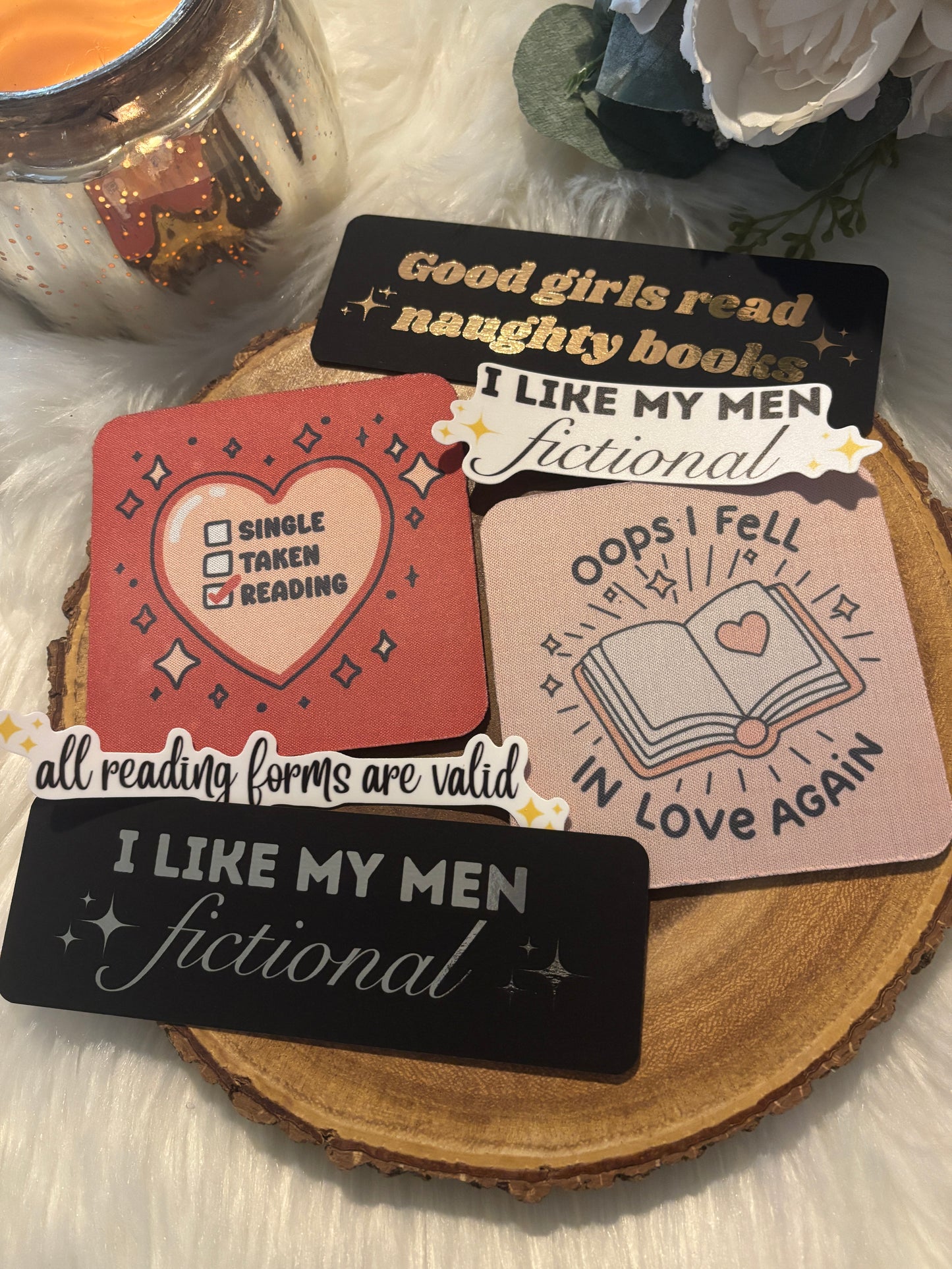 Valentine's Day Bookish Bundle | Cup Coasters | Bookmarks | Stickers