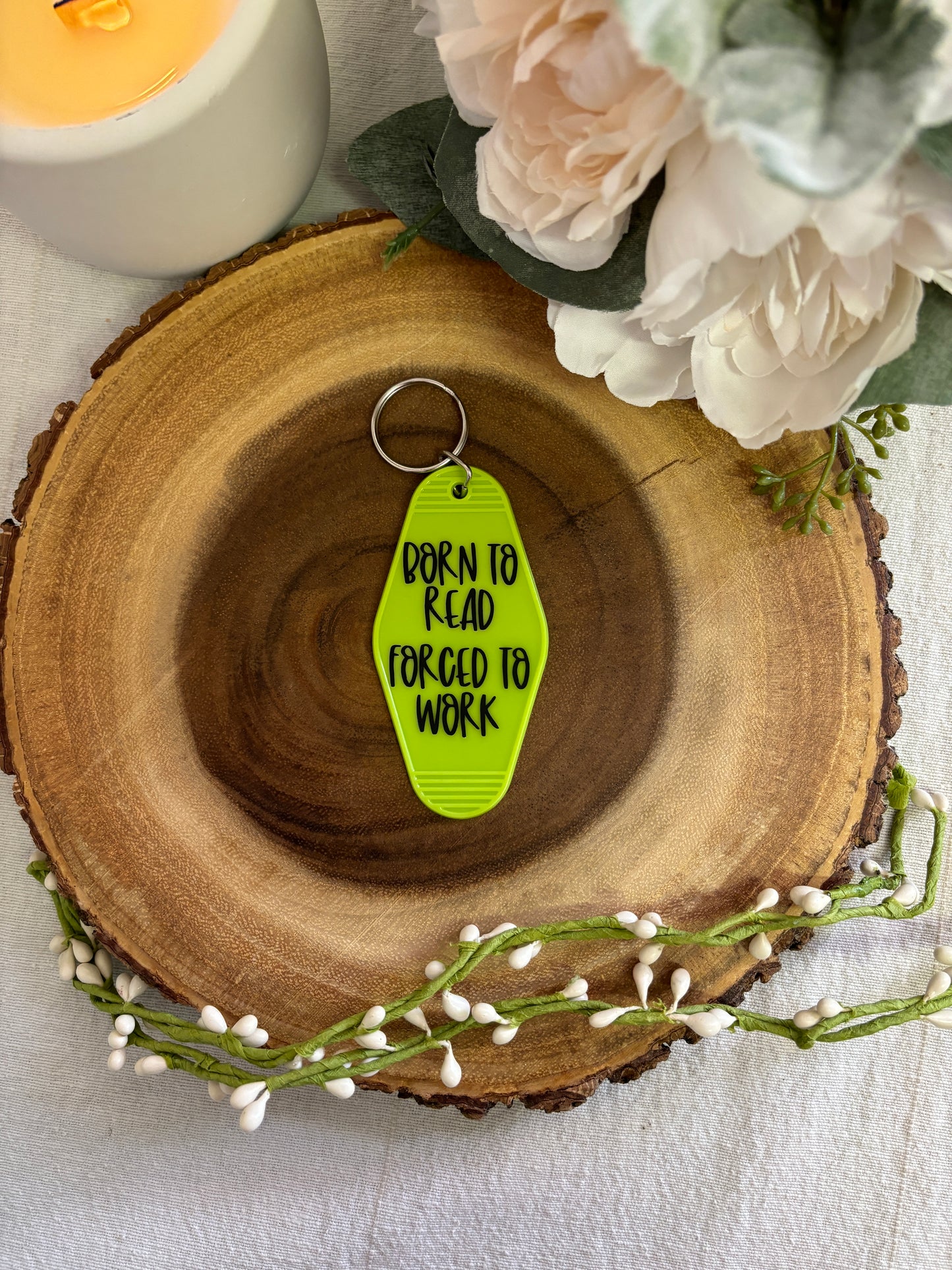 Bookish Motel Keychain | Born to Read, Forced to Work | Gift for Readers